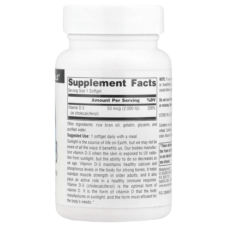 Source Naturals, витамин D3, 50 мкг (2000 МЕ), 200 мягких таблеток