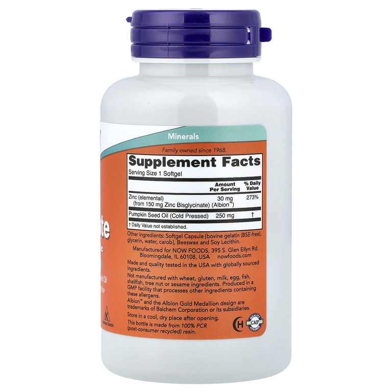 NOW Foods, глицинат цинка, 120 капсул