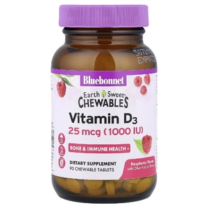 Bluebonnet Nutrition, витамин Д3, малина, 25 мкг (1000 МЕ), 90 жевательных таблеток