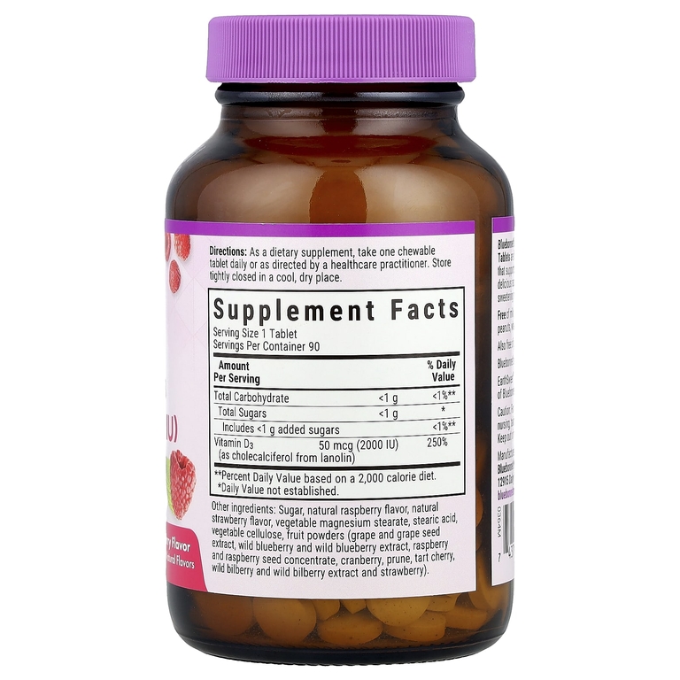 Bluebonnet Nutrition, витамин Д3, со вкусом малины, 2000 МЕ, 90 жевательных таблеток