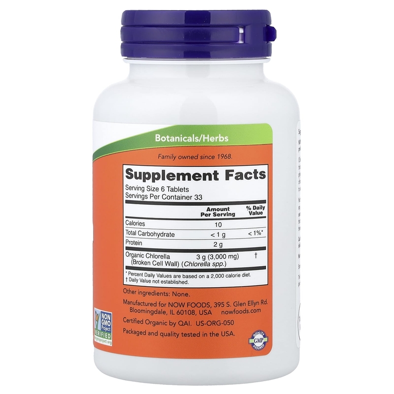NOW Foods, Сертифицированная органическая хлорелла, 500 мг, 200 таблеток