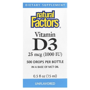 Natural Factors, Витамин D3 в каплях, без ароматизаторов, 25 мкг (1000 МЕ), 15 мл (0,5 жидкой унции)