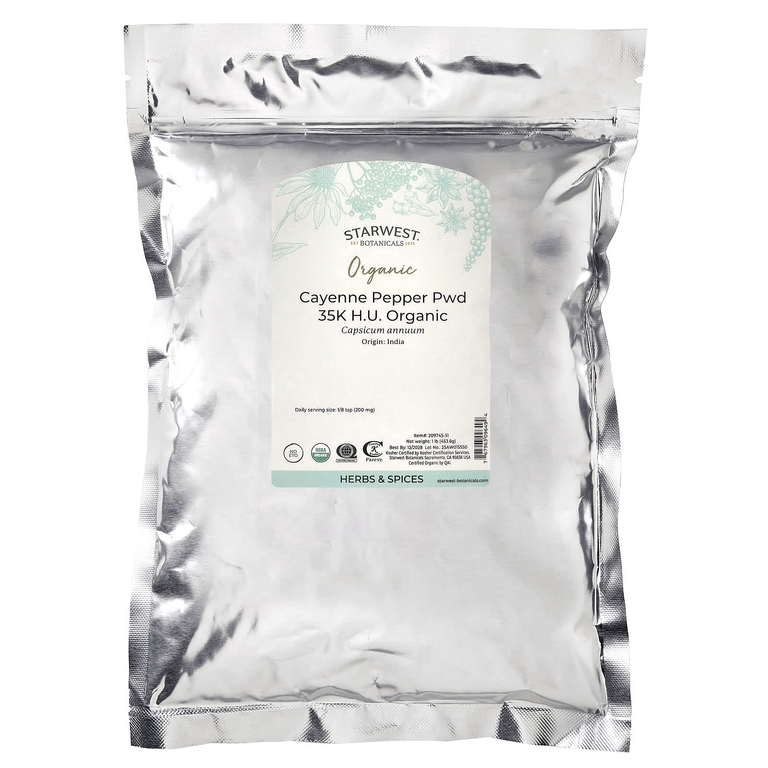 Starwest Botanicals, Порошок органического кайенского перца, 35 000 ед. остроты, 1 унция (453.6 г)