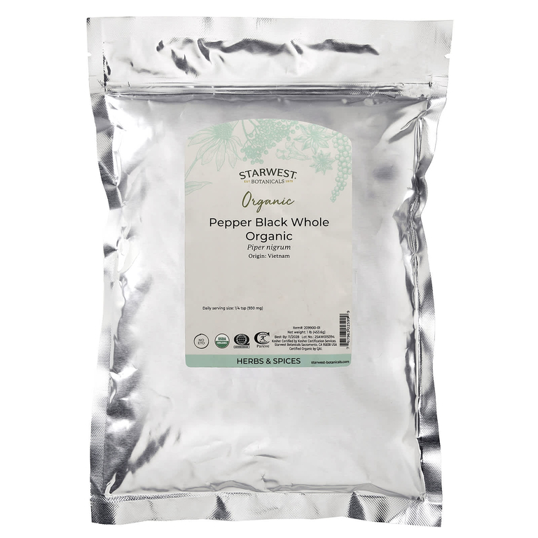 Starwest Botanicals, цельный малабарский черный перец, органический, 453,6 г (1 фунт)