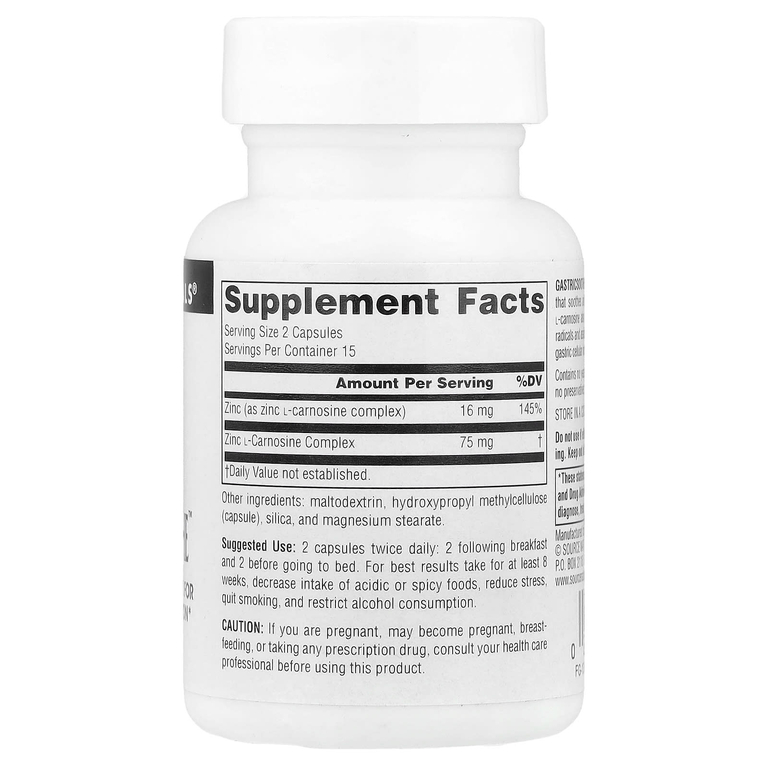 Source Naturals, Комплекс с цинком и L-карнозином для защиты слизистой оболочки желудка, 37.5 мг, 30 капсул