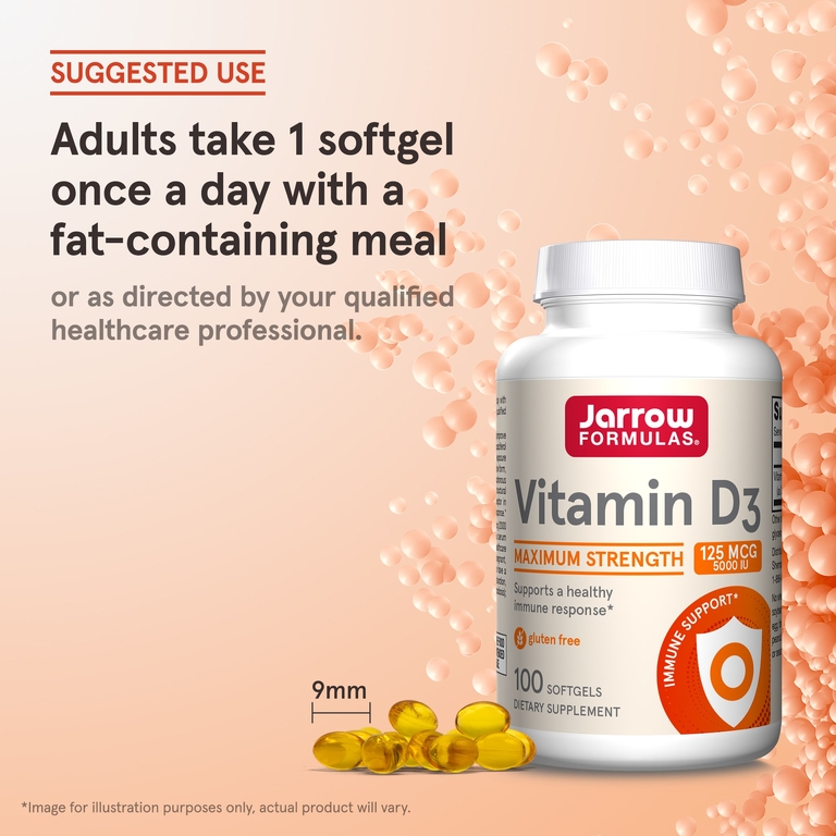 Jarrow Formulas, витамин D3, 125 мкг (5000 МЕ), 100 мягких таблеток