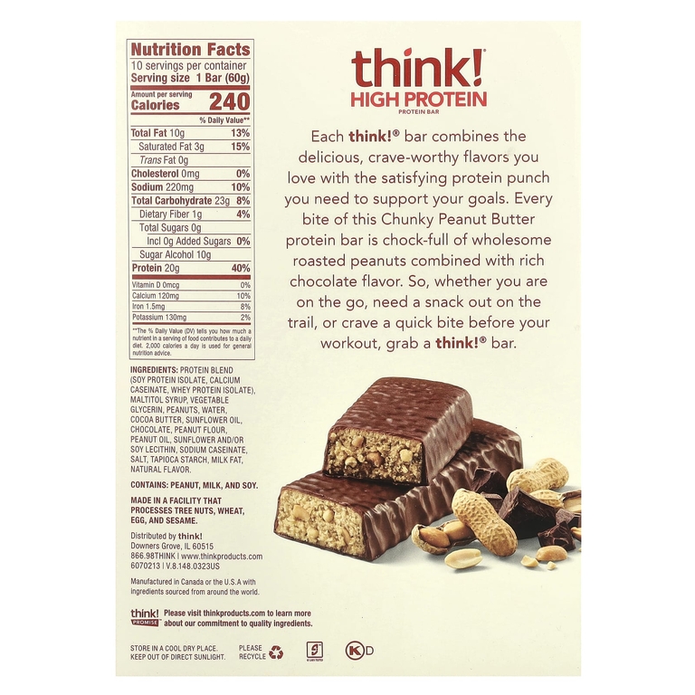 Think !, высокопротеиновые батончики, с кусочками арахисовой пасты, 10 батончиков по 60 г (2,1 унции)