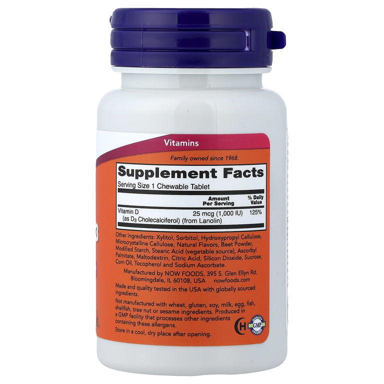 NOW Foods, жевательный витамин D3, фруктовый вкус, 25 мкг (1000 МЕ), 180 жевательных таблеток