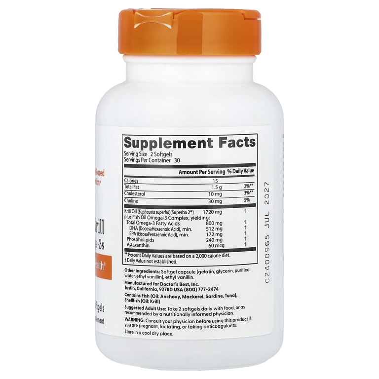 Doctor's Best, обогащенный криль с омега-3, 60 желатиновых капсул