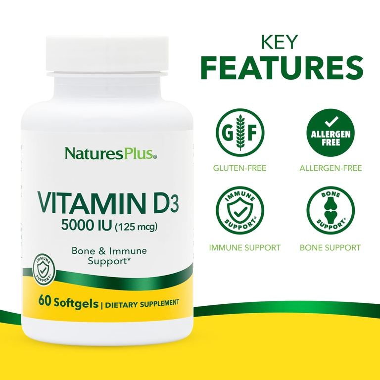 NaturesPlus, витамин D3, 125 мкг (5000 МЕ), 60 мягких таблеток
