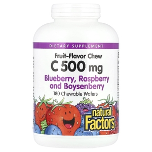 Natural Factors, жевательные таблетки с витамином C, со вкусом фруктов, голубика, малина и бойзенова ягода, 500 мг, 180 жевательных таблеток