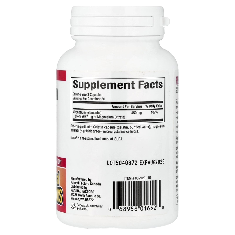 Natural Factors, цитрат магния, 90 капсул (150 мг в 1 капсуле)