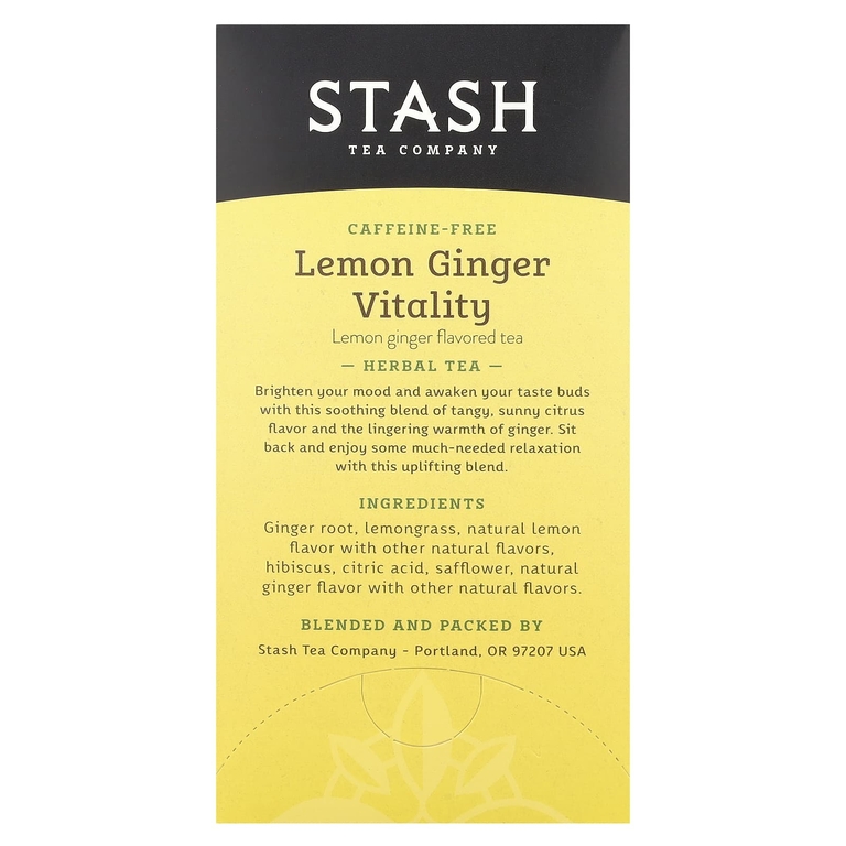 Stash Tea, травяной чай, лимон и имбирь, без кофеина, 20 чайных пакетиков, 34 г (1,1 унции)