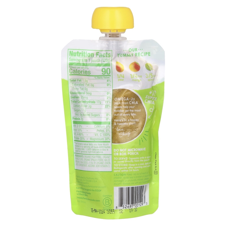 Happy Family Organics, этап 4, органические груши, манго, шпинат и суперчиа, 120 г (4,22 унции)