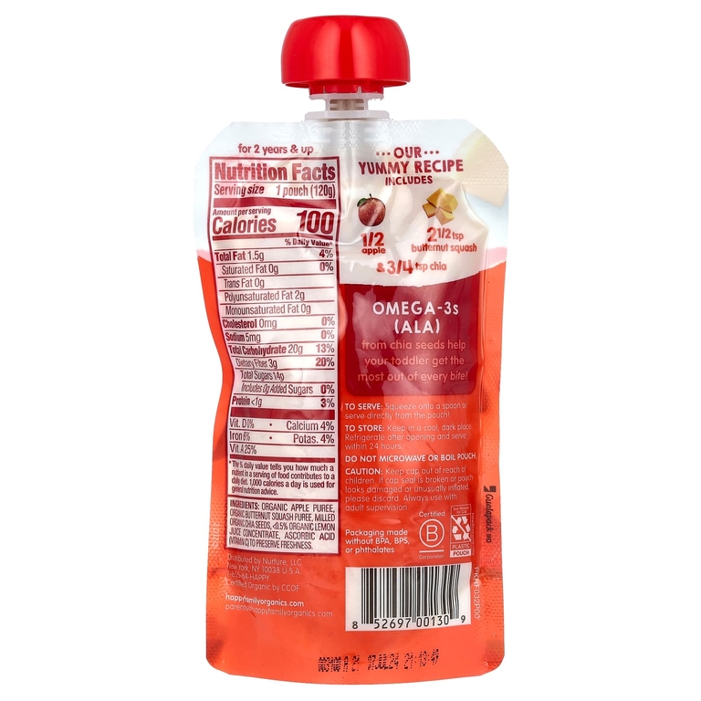 Happy Family Organics, органические яблоки, мускатная тыква и чиа, для детей от 2 лет, 120 г (4,22 унции)