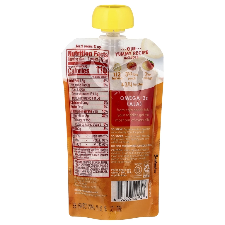 Happy Family Organics, этап 4, бананы, персики, манго и чиа, 120 г (4,22 унции)