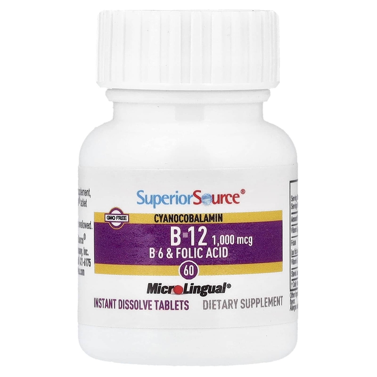 Superior Source, цианокобаламин B12, B6 и фолиевая кислота, 60 быстрорастворимых таблеток