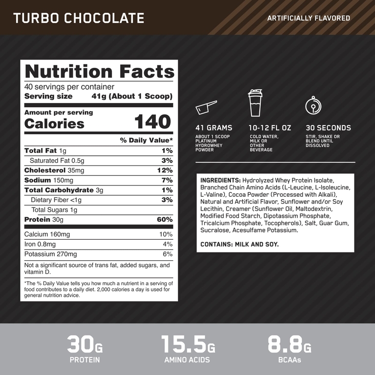 Optimum Nutrition, гидролизованный изолят сывороточного протеина, турбо-шоколад, 1,64 кг (3,61 фунта)