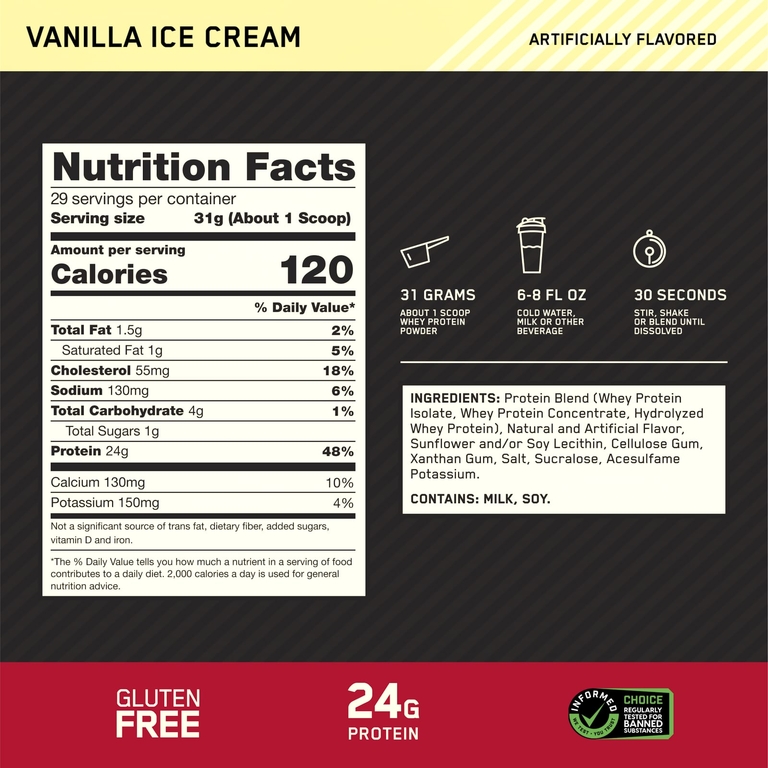 Optimum Nutrition, сывороточный протеин, со вкусом ванильное мороженое, 907 кг (2 фунта)