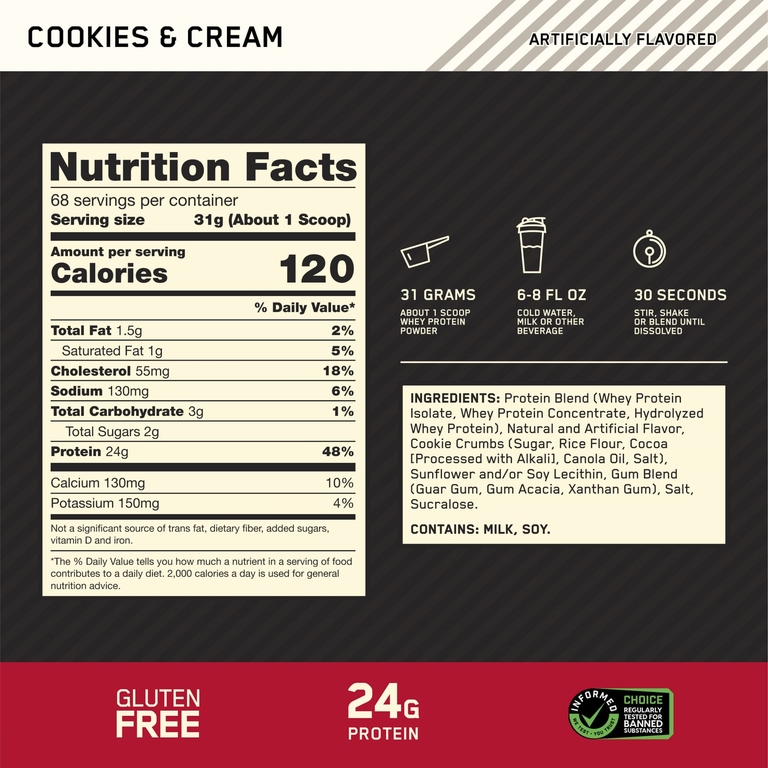 Optimum Nutrition, сывороточный протеин, со вкусом печенья со сливками, 2,1 кг (4,63 фунта)