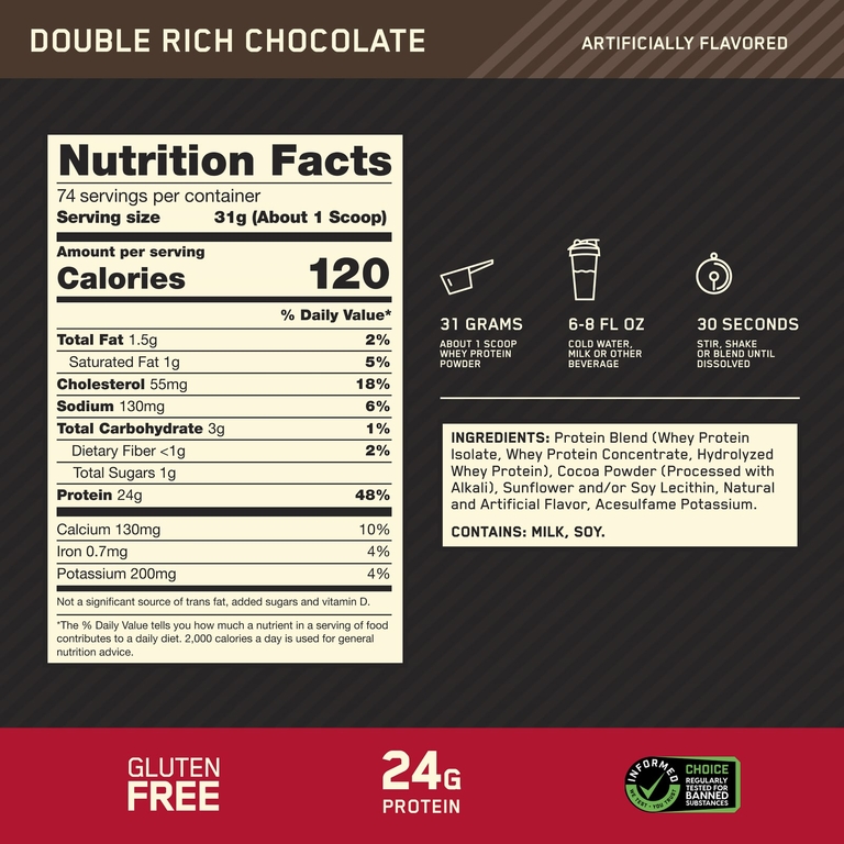 Optimum Nutrition, сывороточный протеин, со вкусом двойного шоколада, 2,29 кг (5,05 фунта)