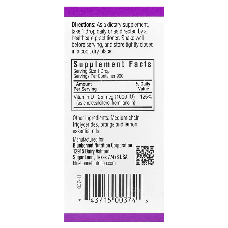 Bluebonnet Nutrition, жидкий витамин D3 в каплях, цитрус, 25 мкг (1000 МЕ), 30 мл (1 жидк. унция)