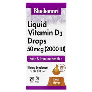 Bluebonnet Nutrition, жидкий витамин D3 в каплях, цитрус, 50 мкг (2000 МЕ), 30 мл (1 жидк. унция)
