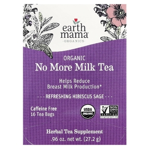 Earth Mama, Organics, органический чай No More Milk, освежающий гибискус и шалфей, без кофеина, 16 чайных пакетиков, 27,2 г (0,96 унции)