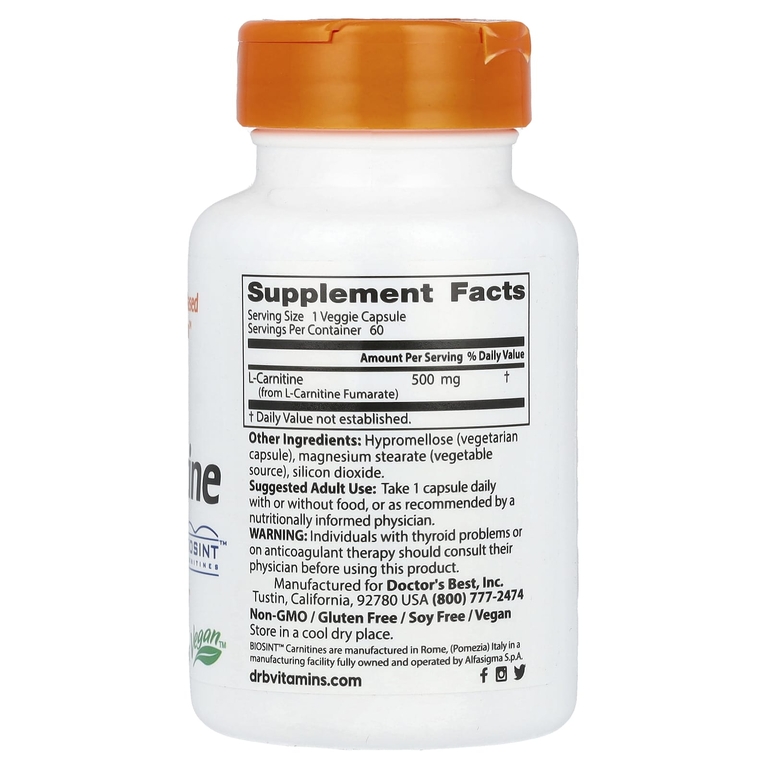 Doctor's Best, фумарат L-карнитина с Biosint Carnitine®, 60 растительных капсул (500 мг в 1 растительной капсуле)
