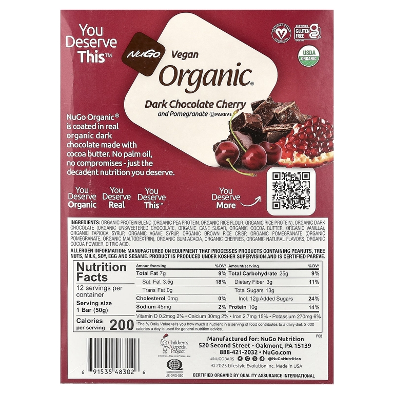 NuGo Nutrition, Organic®, протеиновые батончики, темный шоколад, вишня и гранат, 12 батончиков по 50 г (1,76 унции)