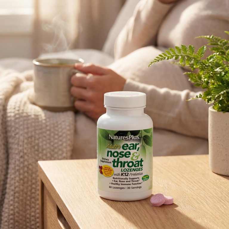 NaturesPlus, таблетки для рассасывания для взрослых для ушей, носа и горла, с пробиотиком K12, натуральный вкус вишни и ягод, 60 таблеток для рассасывания