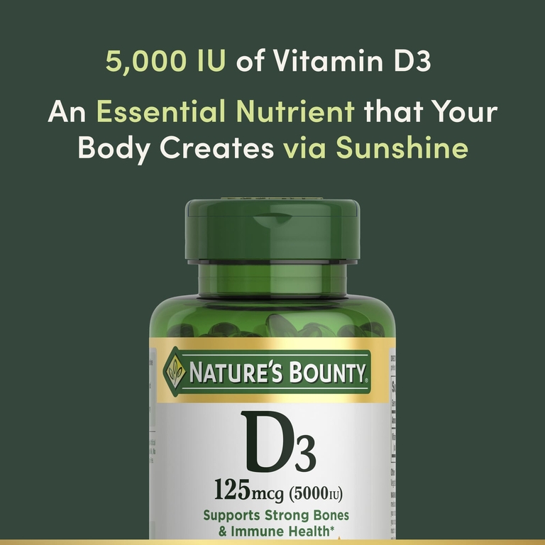 Nature's Bounty, витамин D3, 125 мкг (5000 МЕ), 150 мягких таблеток с быстрым высвобождением