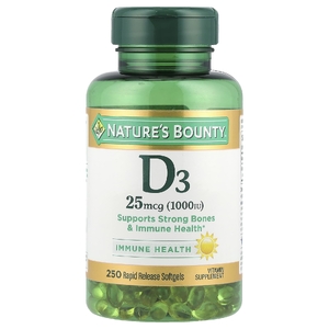 Nature's Bounty, витамин D3, 25 мкг (1000 МЕ), 250 мягких таблеток с быстрым высвобождением