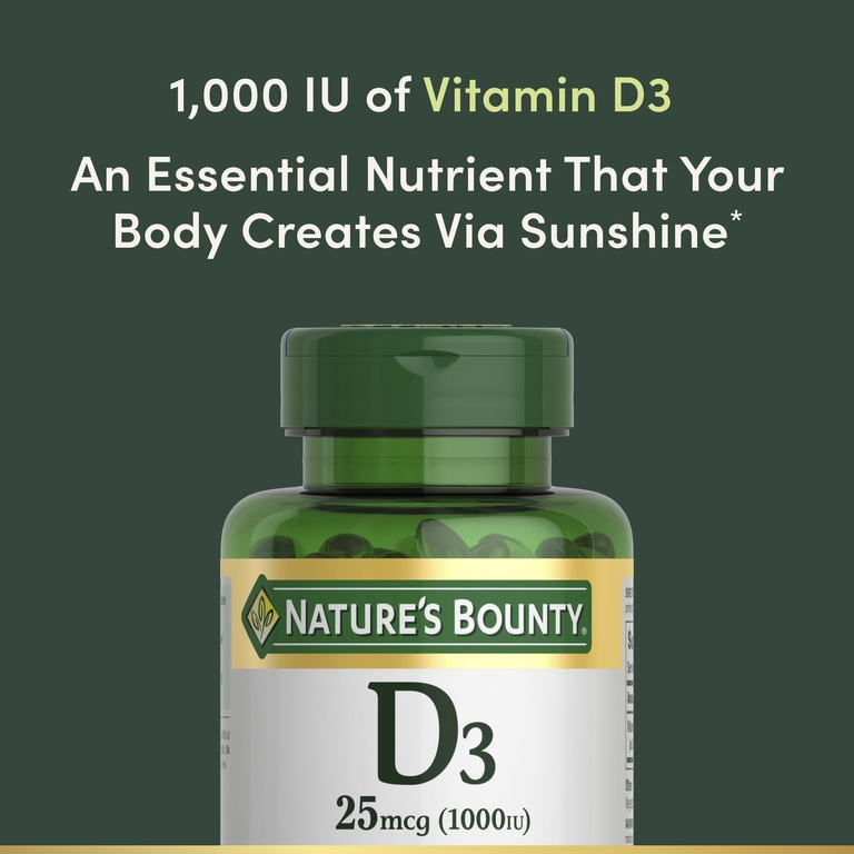 Nature's Bounty, витамин D3, 25 мкг (1000 МЕ), 250 мягких таблеток с быстрым высвобождением
