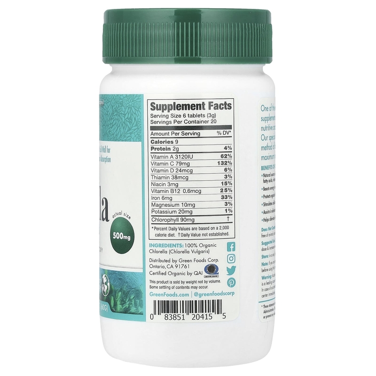 Green Foods, Органическая хлорелла, 500 мг, 120 таблеток