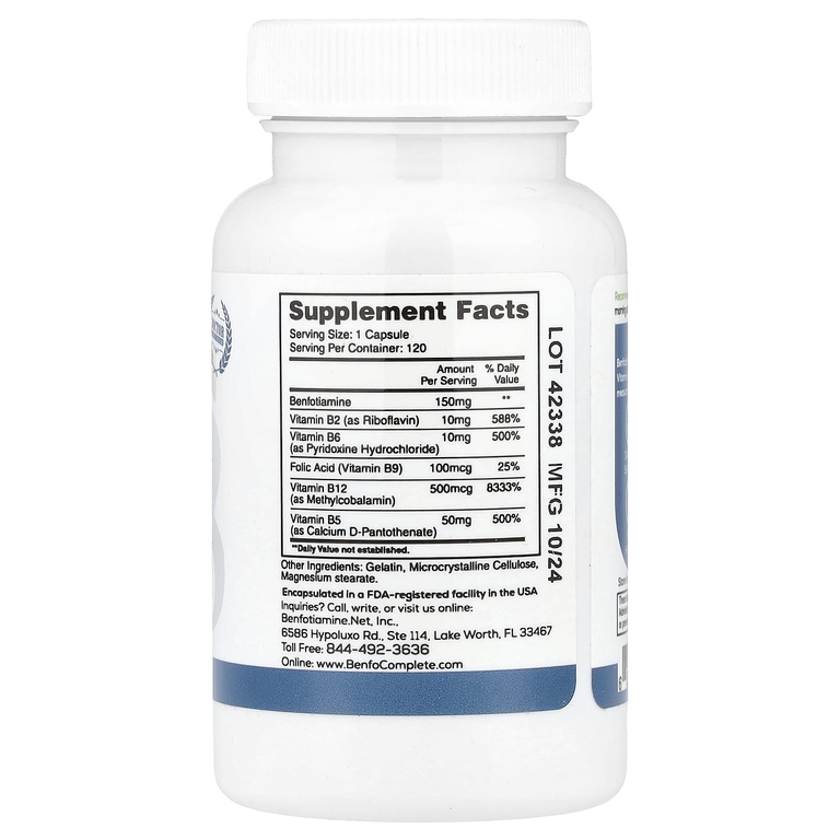 Benfotiamine Inc., комплекс витаминов группы В с бенфотиамином для поддержки при заболеваниях нервной системы, 150 мг, 120 капсул