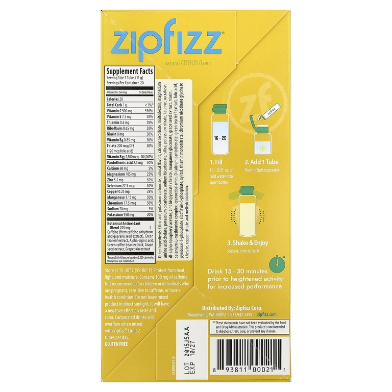 Zipfizz, смесь для приготовления напитка, цитрус, 20 тюбиков по 11 г (0,39 унции)