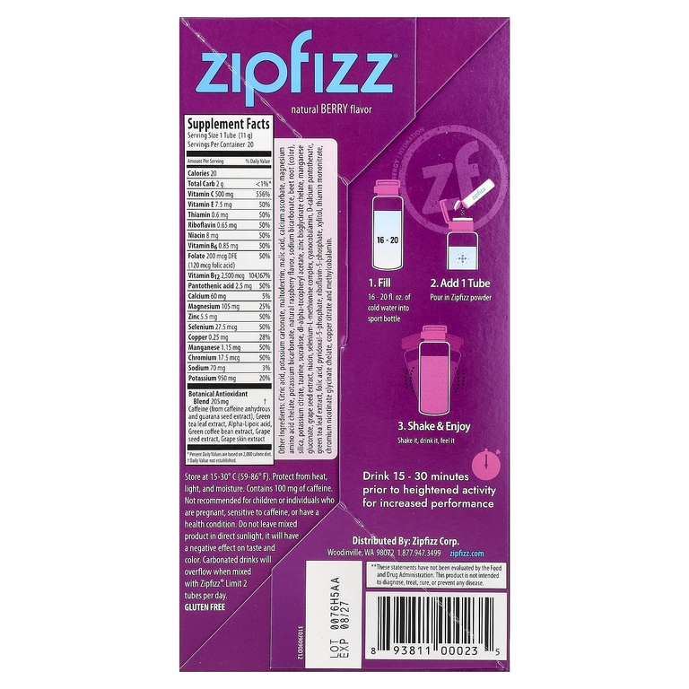 Zipfizz, Смесь для энергетических напитков, ягоды, 20 тюбиков, 11 г (0,39 унции)