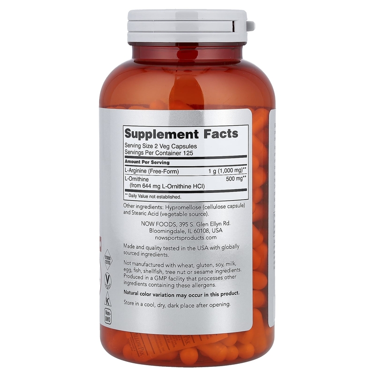 NOW Foods, Спорт, аргинин и орнитин, 250 растительных капсул
