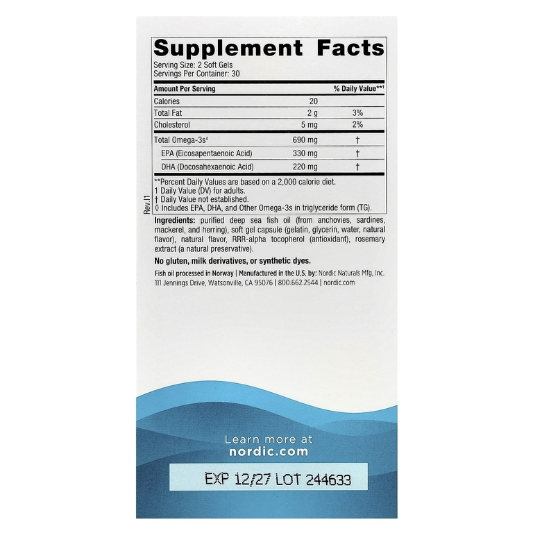 Nordic Naturals, омега-3, со вкусом лимона, 690 мг, 60 капсул (345 мг в 1 капсуле)
