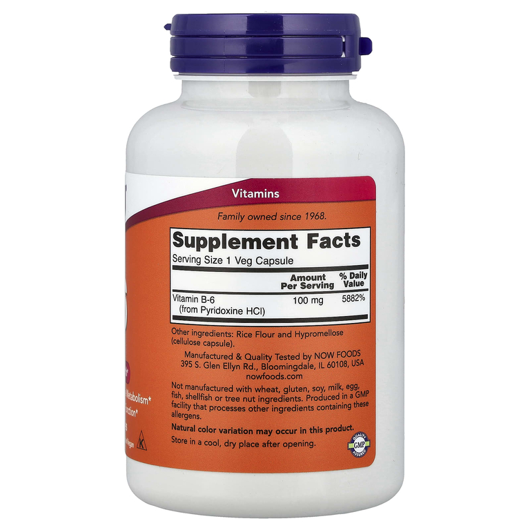 NOW Foods, витамин В6, 100 мг, 250 вегетарианских капсул