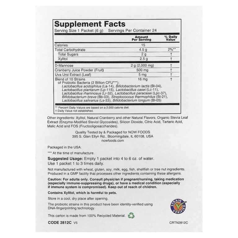 NOW Foods, клюква, манноза и пробиотики, для женщин, в компактной упаковке, 24 пакета по 6 г (0,21 унции) каждый