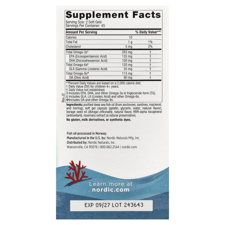 Nordic Naturals, омега-3 из рыбьего жира с гамма-линоленовой кислотой омега-6 из масла семян бурачника, для детей от 6 лет, со вкусом лимона, 90 желатиновых капсул