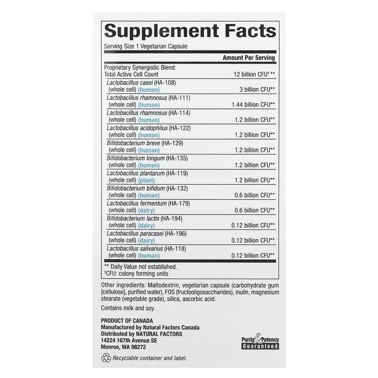 Natural Factors, Формула из 12 штаммов пробиотиков, формула 12/12, 12 млрд КОЕ, 120 вегетарианских капсул