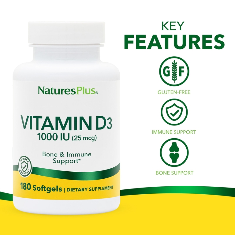 NaturesPlus, витамин D3, 25 мкг (1000 МЕ), 180 капсул