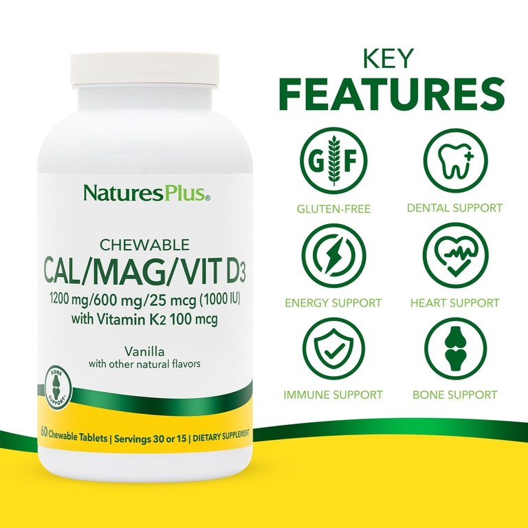 NaturesPlus, жевательные кальций, магний, витамин D3 с витамином K2, ваниль, 60 жевательных таблеток