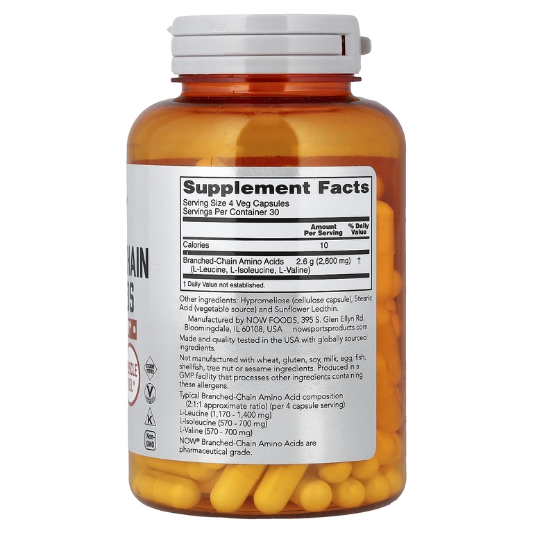 NOW Foods, Спорт, аминокислоты с разветвленной цепью, 120 растительных капсул (650 мг в 1 капсуле)