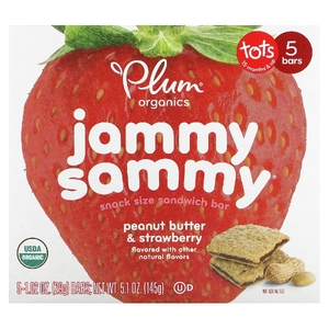 Plum Organics, сэндвич-батончик, от 15 месяцев, с арахисовым маслом и клубникой, 5 батончиков, 29 г (1,02 унции)