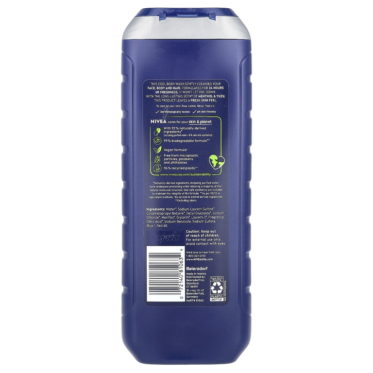 Nivea, Для мужчин, прохладный гель для душа 3 в 1, с ментолом и юдзу, 500 мл (16,9 жидк. Унции)