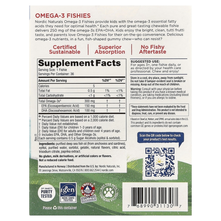 Nordic Naturals, рыбки с омега-3, без сахара, для детей от 3 лет, тутти фрутти, 300 мг, 36 рыбок